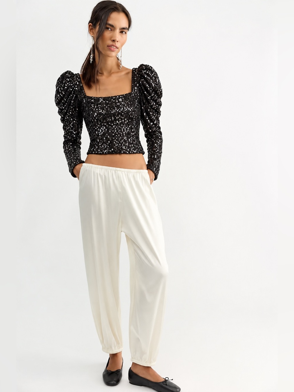 Ramy Brook Hazel Black Sequin Square Neck Puff Sleeve Designer Luxury Top NWT, S - Picture 16 of 16